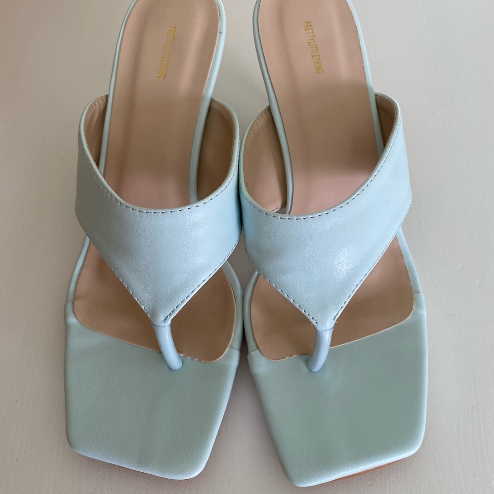 PRETTYLITTLETHING Pastel Blue Square Toe Thong Mid Heels Sandal